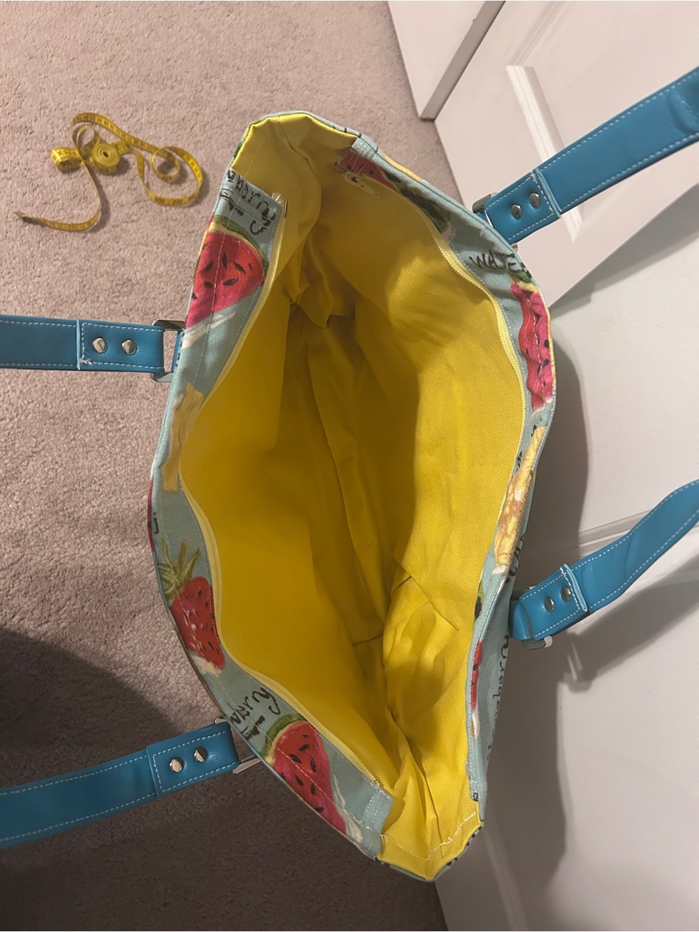 Handmade Tropical Blue Fruit-Print Canvas Tote Bag with Zipper and Teal Trim - Picture 2 of 4
